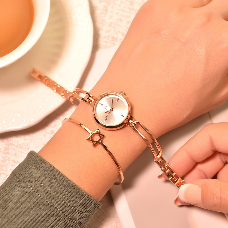 Pulseira feminina relógios de luxo moda rosa ouro liga pequeno relógio de quartzo qualidades simples senhoras relógios de pulso feminino corrente relógio