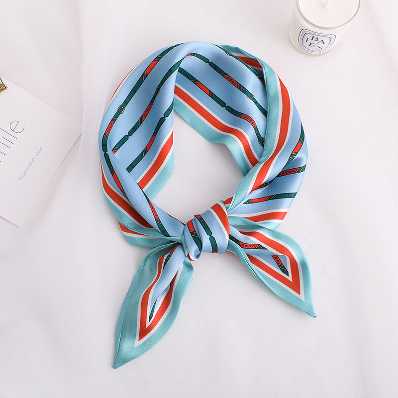 Neue Blau streifen Dünne Schal Druck Frauen Silk Schal Kleine Griff Tasche Bänder Weibliche Kopf Schals Wrap Für Dame punkte foulard