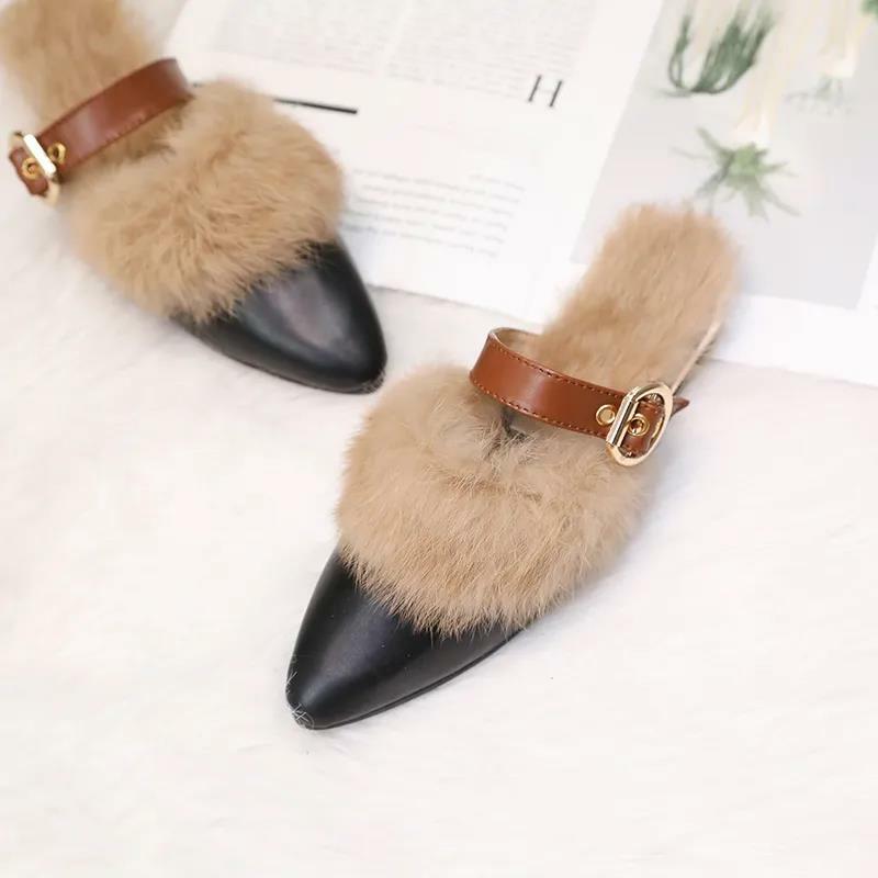 Winter Women House Slippers Slip on Flats Thick Fashion Warm Fur Slippers Ladies Outer Wear Plush Large Size Shoes Zapatos Mujer