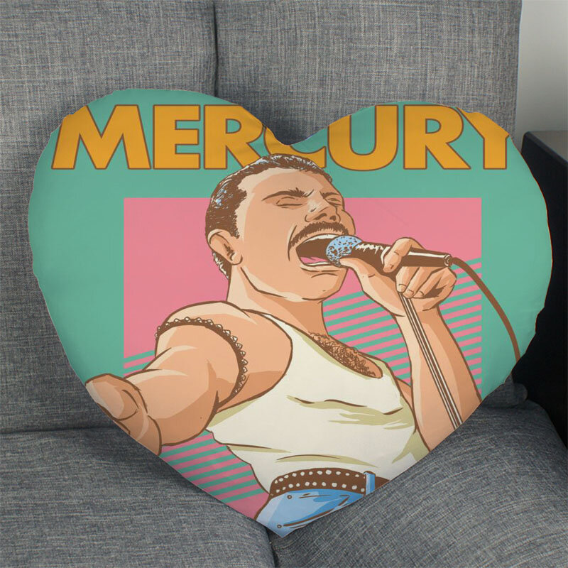 Freddie Mercury-funda de almohada decorativa para el hogar, funda de almohada con cremallera en forma de corazón, tela de satén, el mejor regalo, para oficina y boda