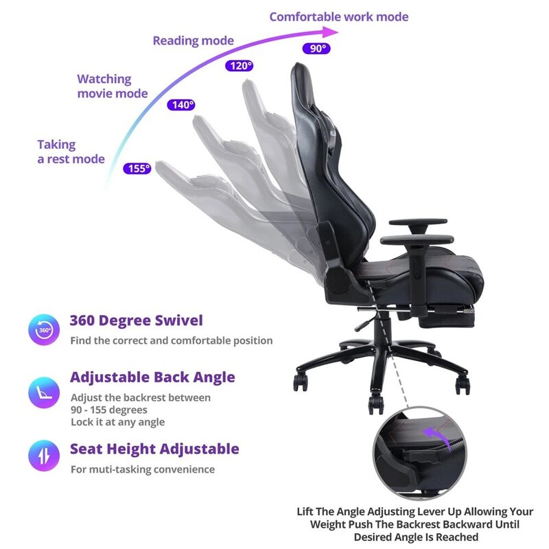 Chaise de Gaming en cuir PU, confortable, inclinable à 180 °, pour ordinateur et bureau