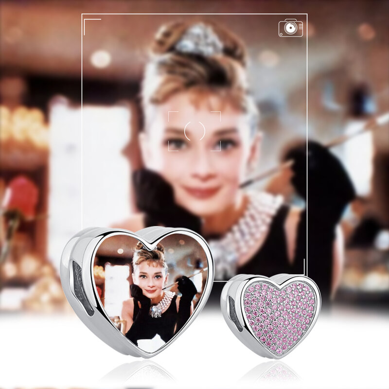 ELESHE New Year Gift Pink Zircon Custom Photo Heart Beads 925 Sterling Silver Charms fit Original Bracelet Fashion DIY Jewelry
