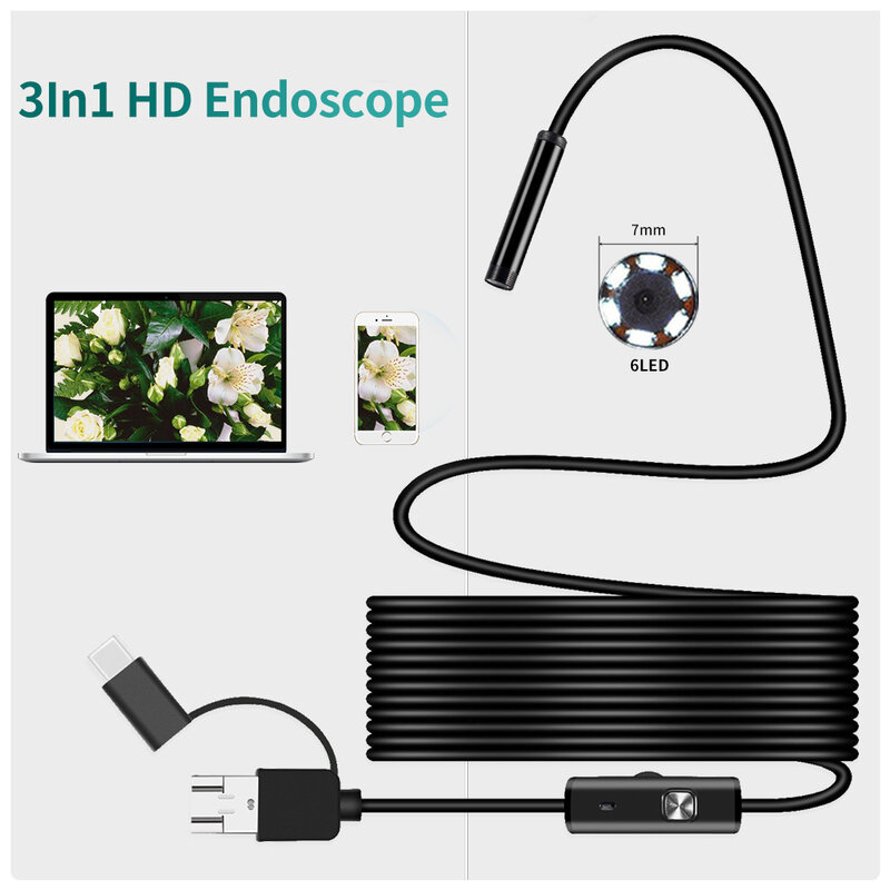 Endoscópio android de 7mm 3 em 1 usb/micro usb/tipo-c câmera de inspeção de borescope impermeável para smartphone com otg e uvc pc