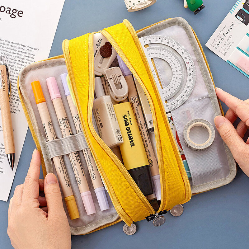 Grande capacidade caso de lápis lado duplo macaron cor lona caneta saco de armazenamento bolsa papelaria para estudantes do ensino médio júnior