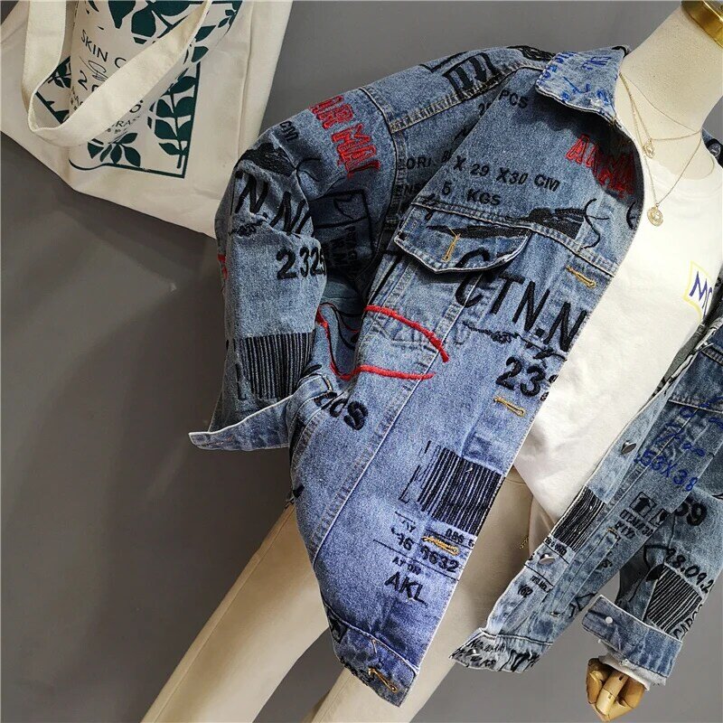 Женская джинсовая куртка в стиле Харадзюку, свободная однобортная куртка из денима с вышивкой букв, с отложным воротником, большие размеры, ...