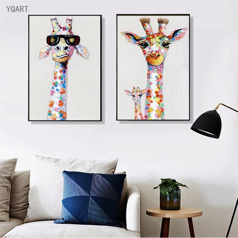 Engraçado girafa família lona impressa pintura dos desenhos animados posters moderno animal impressão arte da parede fotos para crianças quarto decoração