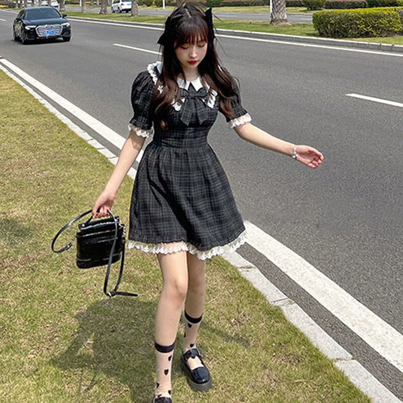 Sommer Japanischen Weichen Mädchen Nette Puppe Kragen Bogen Schlanke Taille Plaid Kleid Diablo Gothic Harajuku Spitze Prinzessin Kawaii Lolita Kleider