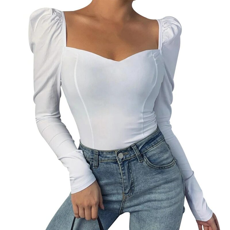 Camiseta casual de manga comprida com decote em v das mulheres nova cor sólida
