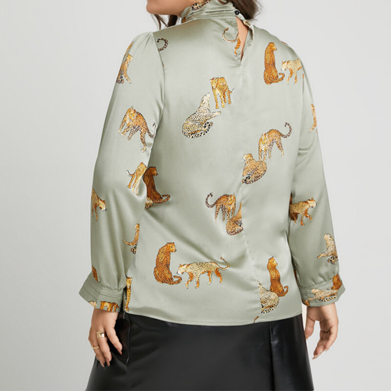 Celmia Autumn 2022 Fashion Blusas Satin Long Sleeve Plus Size Stand Collar Shirts Tiger Printed Elegant Women Vintage Blouses