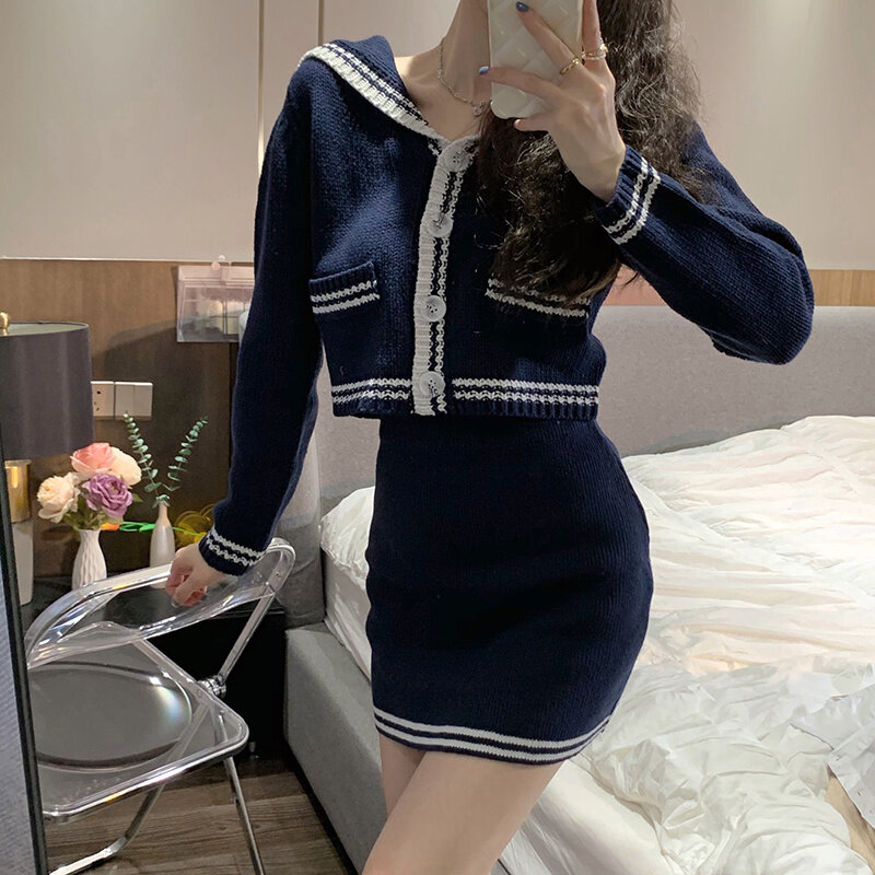 Women's Skirt Suit Autumn 2021 Korean Loose Navy Collar Foreign Style Age Reduction Versatile Contrast Color Long Sleeve Sweater