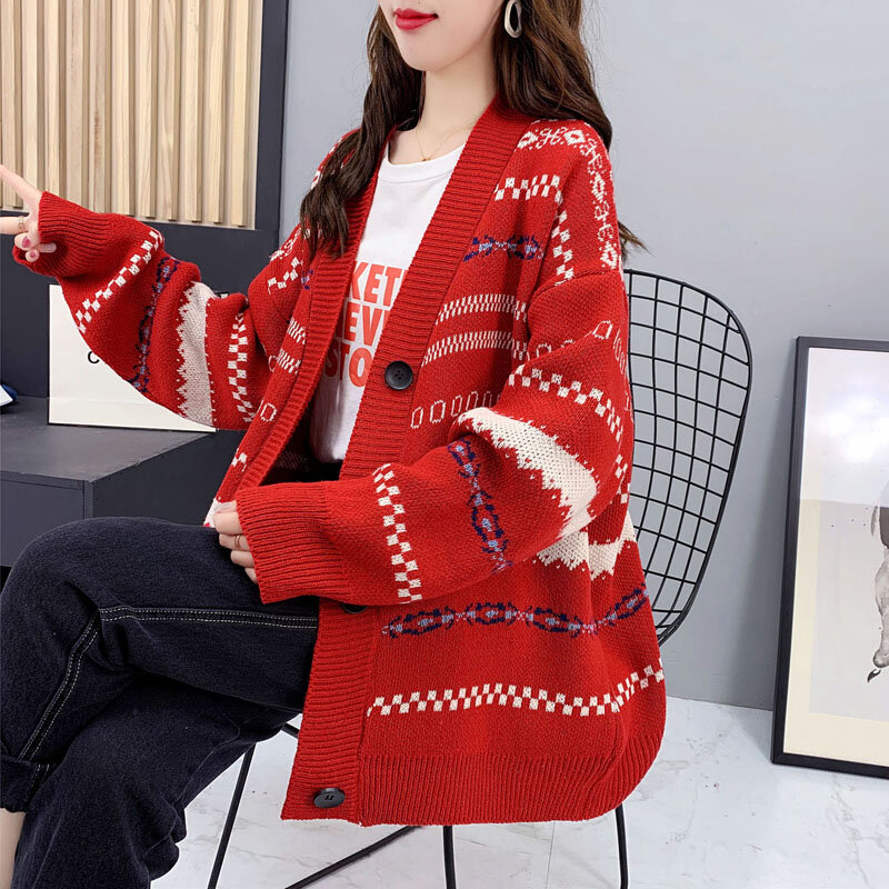 Cardigan da donna in maglione lavorato a maglia Jacquard con scollo a v di moda sciolto 2021 primavera nuovo stile Trendy giacca da donna in stile occidentale