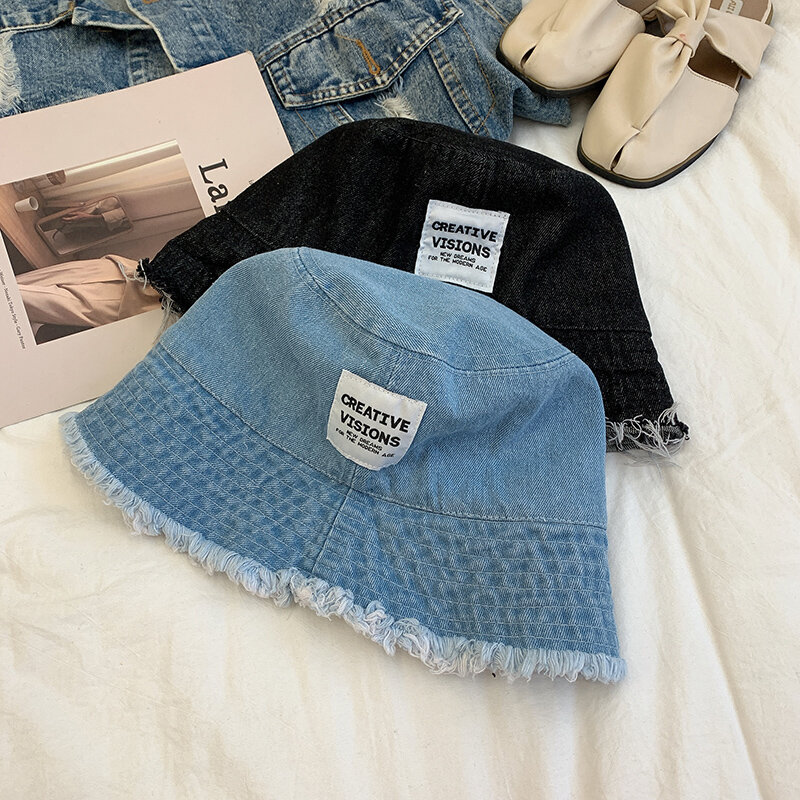 Онлайн красная серия джинсовая Рыбацкая Женская подходящая ко всему модная Корейская стильная модная весенняя синяя Солнцезащитная шляпа ...