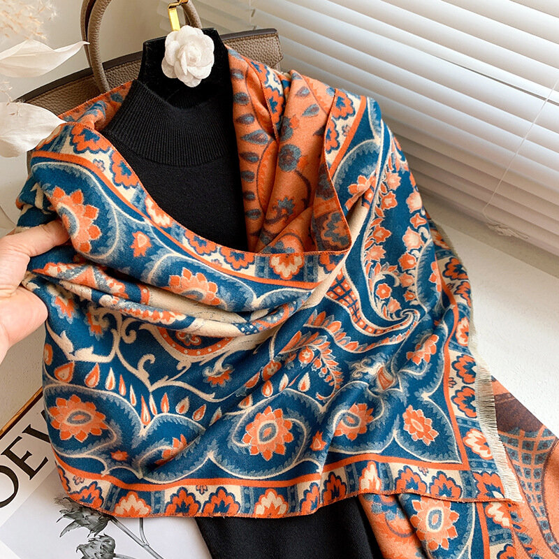 Imita la bufanda larga de Cachemira para mujer, chal bohemio de flor, estola de invierno, manta grande, Bandana de 185x65cm