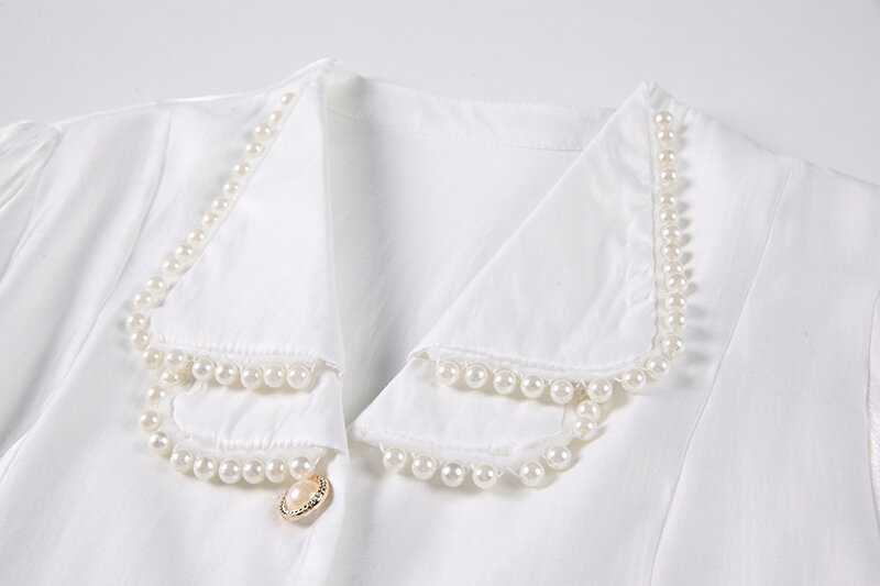 [EAM las mujeres perla decoración de gran tamaño blusa nueva de doble-capa de manga larga camisa holgada de moda Primavera otoño 2021 1DD5341