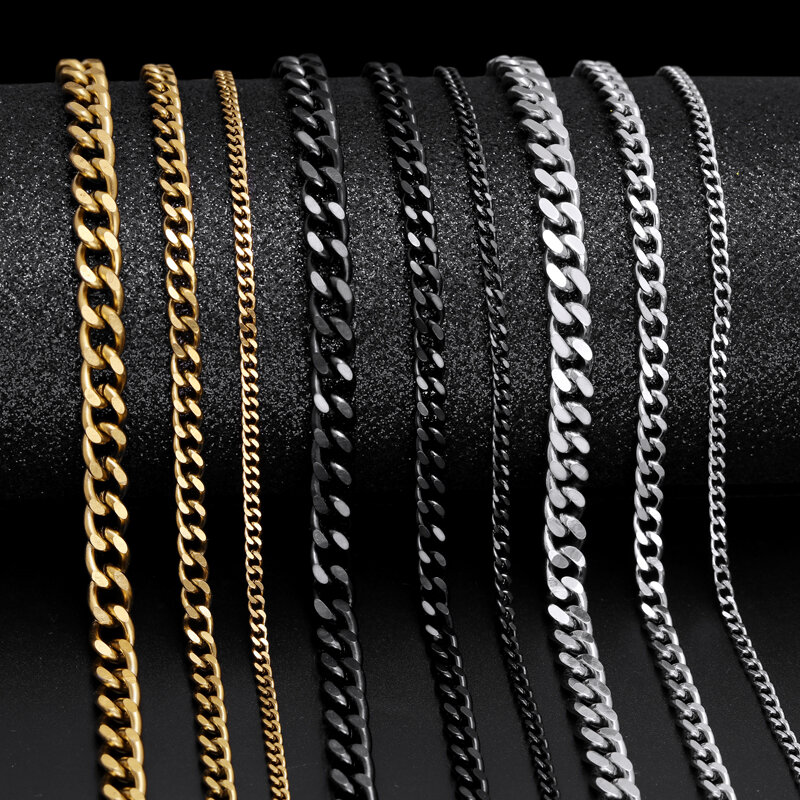 Punk Basic Stainless Steel Necklace For Men Women Curb Cuban Link Chain Chokers Vintage Black Gold Tone Solid Metal Jewelry Gift