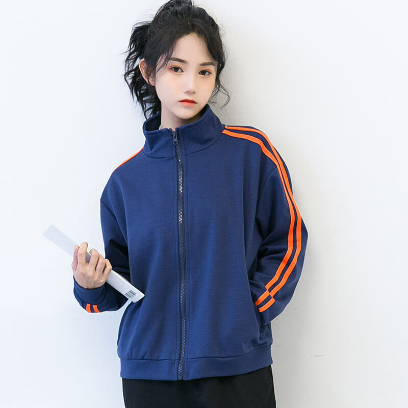 2021 casaco de cor azul feminino primavera e outono estilo coreano solto-encaixe jaqueta com zíper cardigan estudante gola