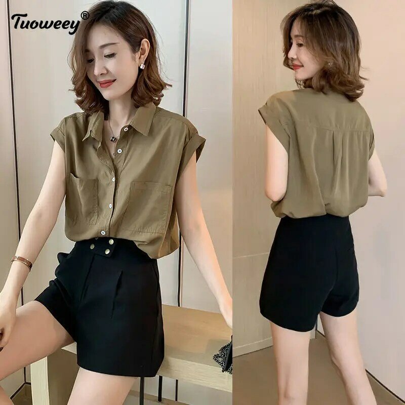 2021 cor sólida manga curta bolsos femininos primavera verão estilo algodão blusas camisa feminina turn-down collar coreano topos