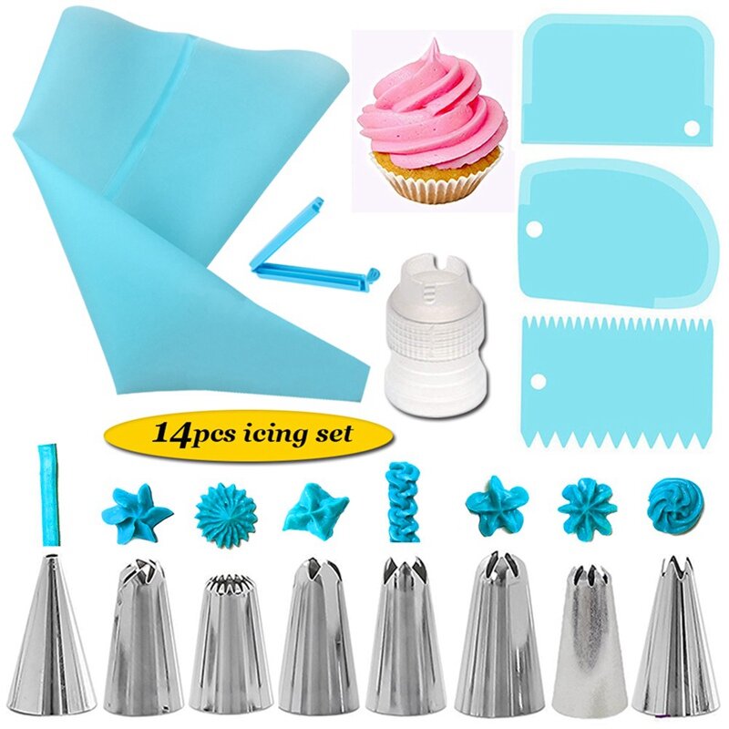 1-14Pcs/Set Reusable Icing Piping Nozzles Set Pastry Bag Scraper Flower Cream Tips Converter Baking Cup DIY Cake Decorating Tool