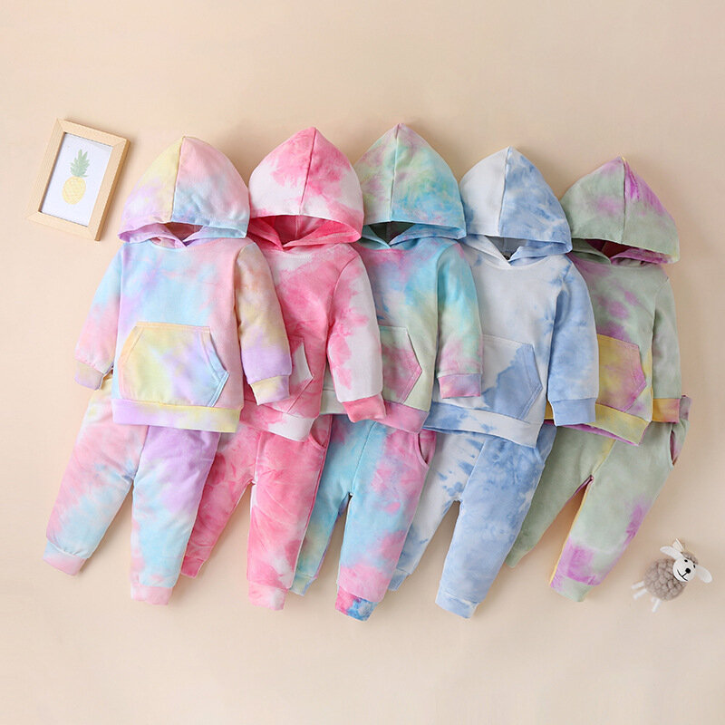 Mode Neugeborenen Kleinkind Baby Mädchen Kleidung Sets Tie Dye Drucken Mit Kapuze Tasche Sweatshirt Hosen 2 stücke Outfits Baby Trainingsanzug Sets
