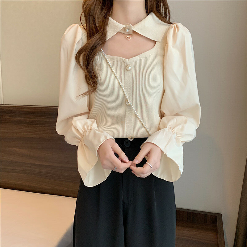 Jersey de punto con manga farol para mujer, Top ajustado con agujeros para clavícula, diseño de moda coreana, Otoño e Invierno