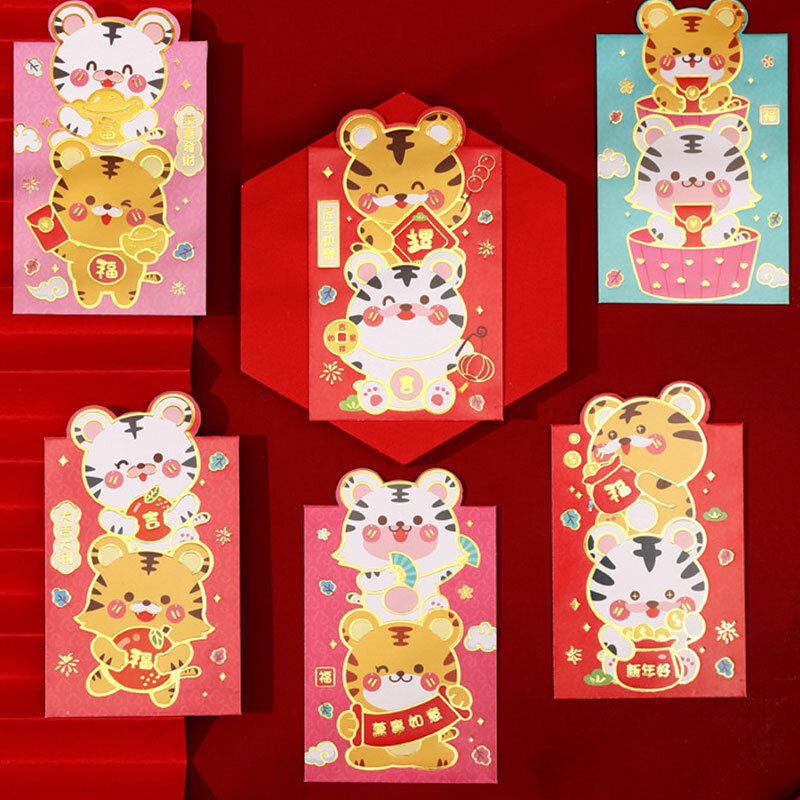 6 stücke HongBao Papier Rote Umschläge Glück Rot Paket Niedliche Geld Tasche Tiger Frühling Festival Liefert Chinesische Neue Jahr Hongbao