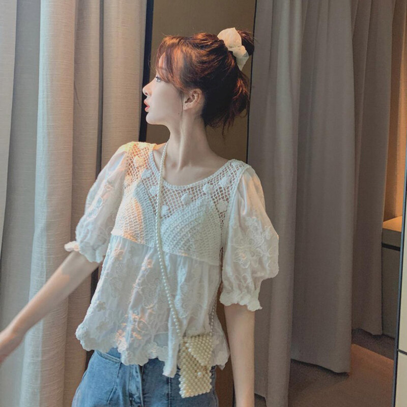 Blusa blanca holgada de encaje con flores para verano, camisa Sexy Bohemia para mujer, con corte en A, para vacaciones, moda coreana