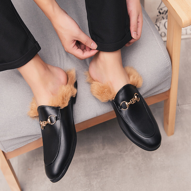 Mocassini in pelliccia pantofole mezze scarpe per uomo Designer di lusso appartamenti inverno Zapatillas Hombre scarpe Casual Sapato Social Masculino Mules