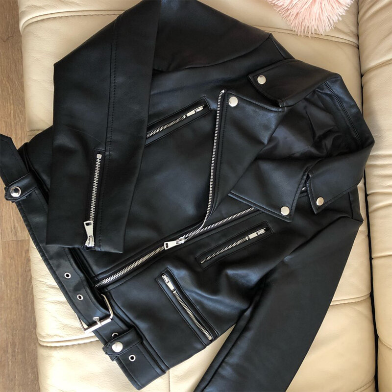Novas mulheres primavera outono preto falso couro jaquetas com zíper casaco básico turn-down colarinho motociclista jaqueta com cinto