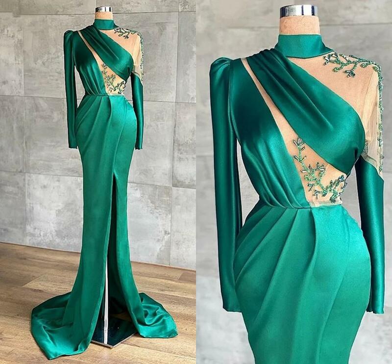 Long Sleeve Turtleneck Mermaid Prom Dresses Sexy Front Split Dubai Ladies Green Lace Satin Party Evening Gowns robe soirée femme