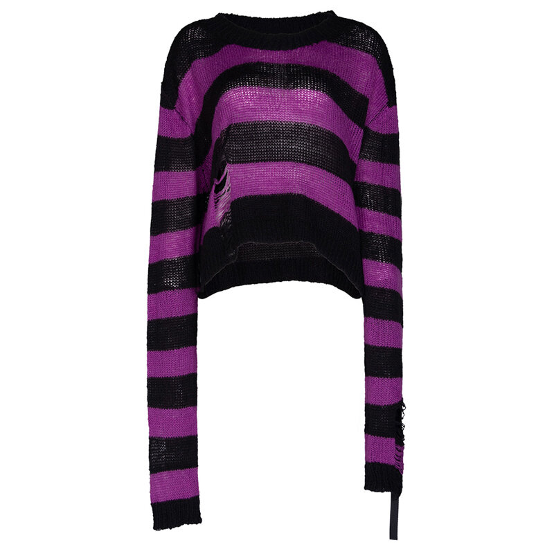 펑크 레이브 소녀의 펑크 캐주얼 긴 소매 느슨한 블라우스 라운드 넥 홀 스트라이프 비대칭 가을 스웨터 여성 스웨터