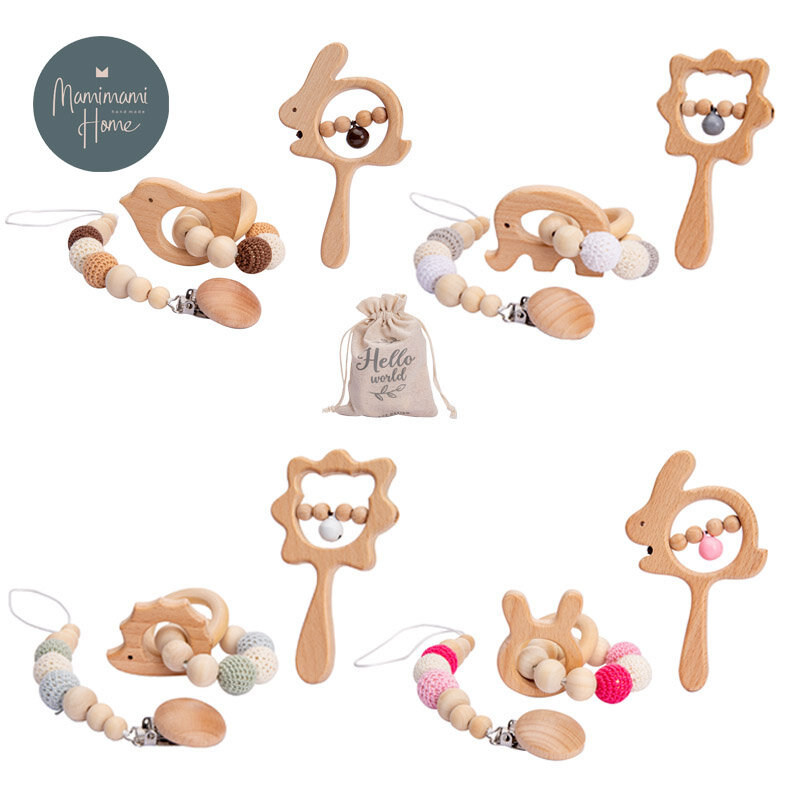 2021 neue Baby Rasseln Set Holz Baby Beißring Armband Schnuller Kette Rasseln Musical Neugeborenen Spielzeug für 0-12Months Kinder