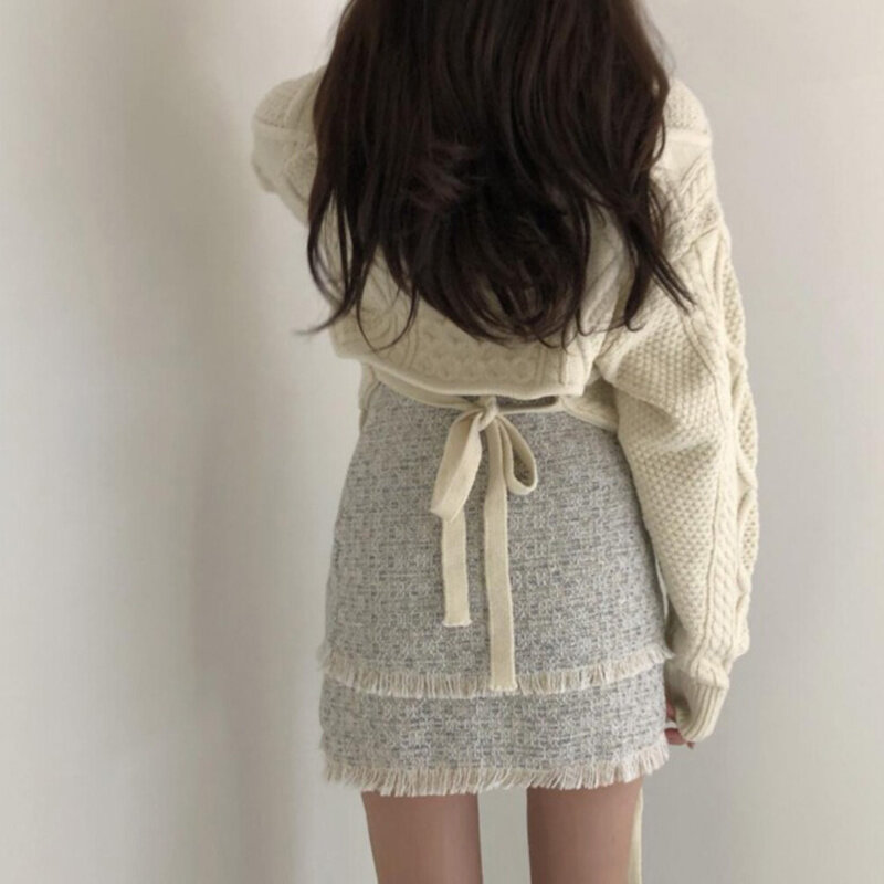 Coreano chique estilo torção volta cinta de malha camisola tassel lã saia conjunto feminino