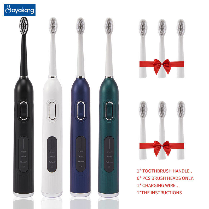 Boyakang spazzolino elettrico sonico spazzolino da denti per adulti BYK07 con 6 testine di ricambio setole Dupont 3 modalità Base di ricarica