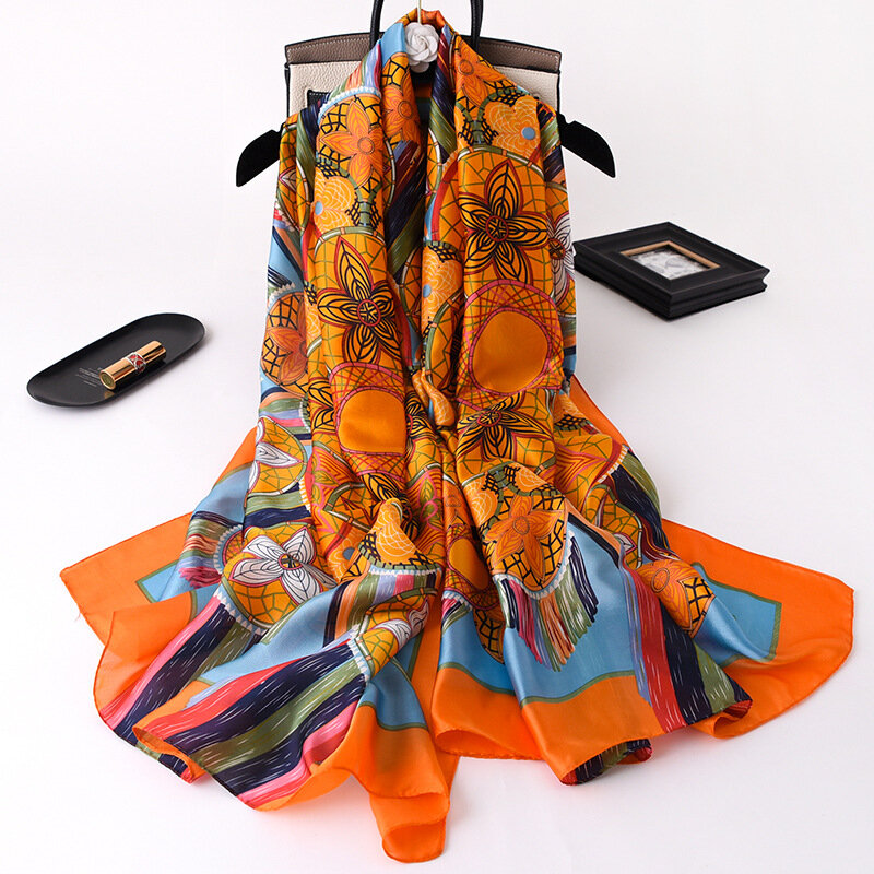 2022 Fashion Brand Women Silk Scarf African Ethnic Floral Print Pashmina Shawls Wraps Soft Foulard Femme Muslim Hijab 180*90Cm