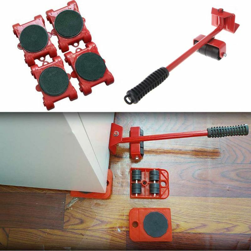 5PCS Transport Lifter Heavy Stuffs Moving Furniture Mover Tool 4 Wheeled Roller with Wheel Bar Set Professional Device