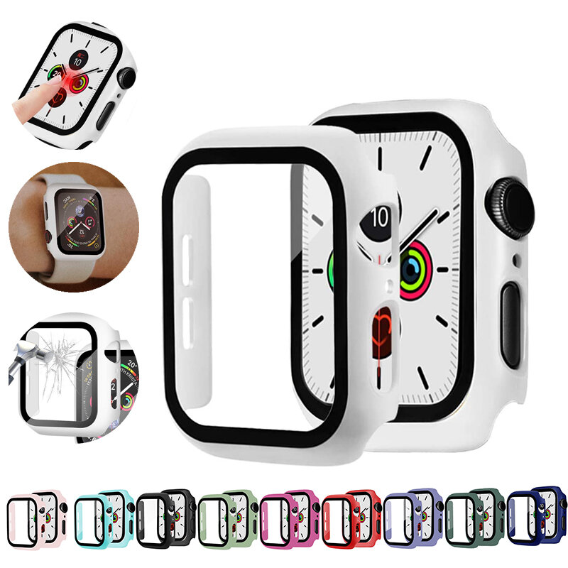 Cristal + funda para Apple Watch serie 6 5 4 3 SE 44mm 40mm iWatch funda 42mm 38mm Protector de pantalla de parachoques + cubierta accesorios para apple watch