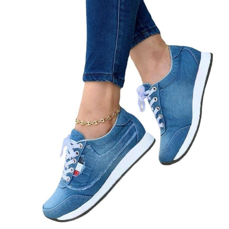 2021 New Sneakers Women Shoes Flats Fashion Casual Ladies Shoes Woman Denim Lace-Up Mesh Breathable Female Sneakers Wearable