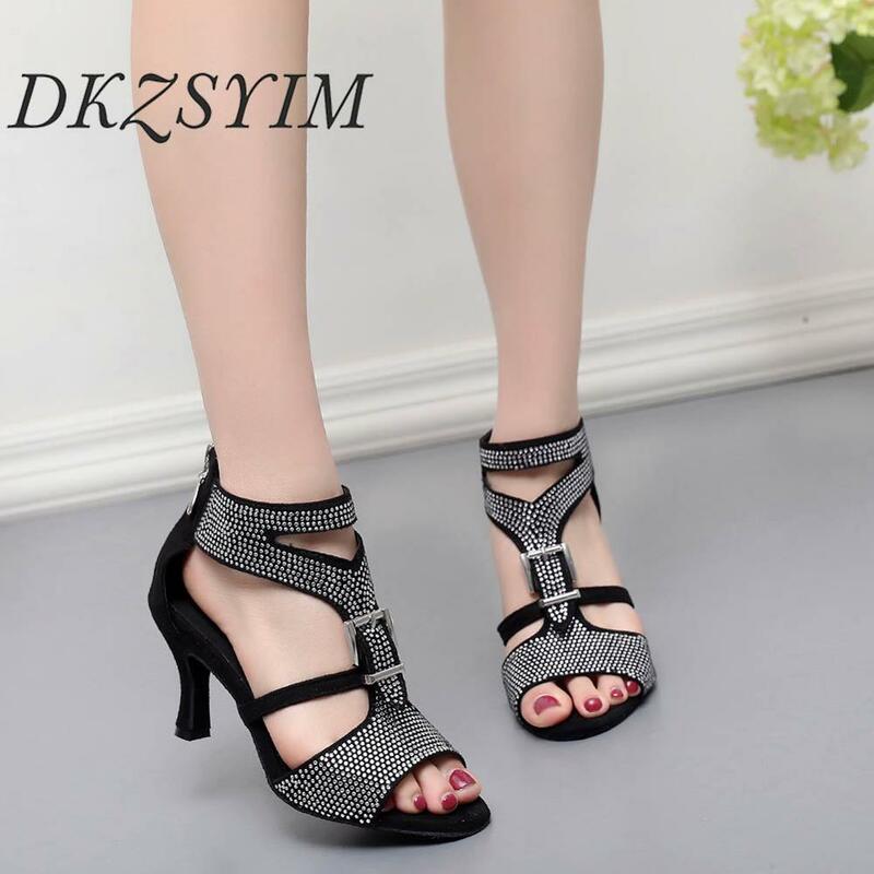 DKZSYIM Ladies party dance shoes satin black shiny rhinestone soft bottom Latin dance shoes ladies salsa dance shoes heels 6-10