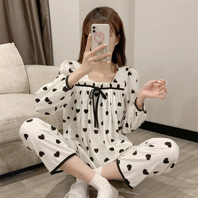 French Court Womens Pajamas Autumn Long Sleeve Trouser Suits Lace Princess White Home Clothes Thin 2-piece Suit Sexy Sleepwear