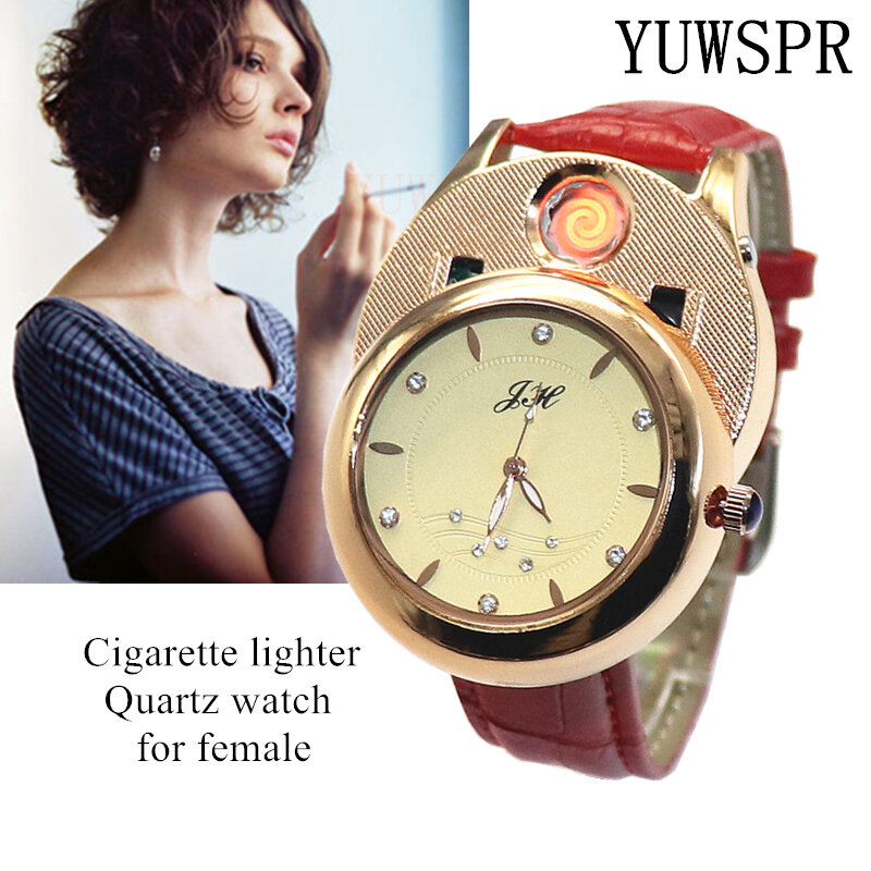 Reloj con encendedor de cigarrillos para mujer, relojes de cuarzo recargables por USB, a prueba de viento, sin llama, regalo creativo ambiental para mujer JH366