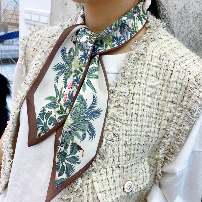 女性用シルクバンダナハンドル,小さなシルクスカーフ,リボン,フラミンゴプリントのスカーフ,90x10cm
