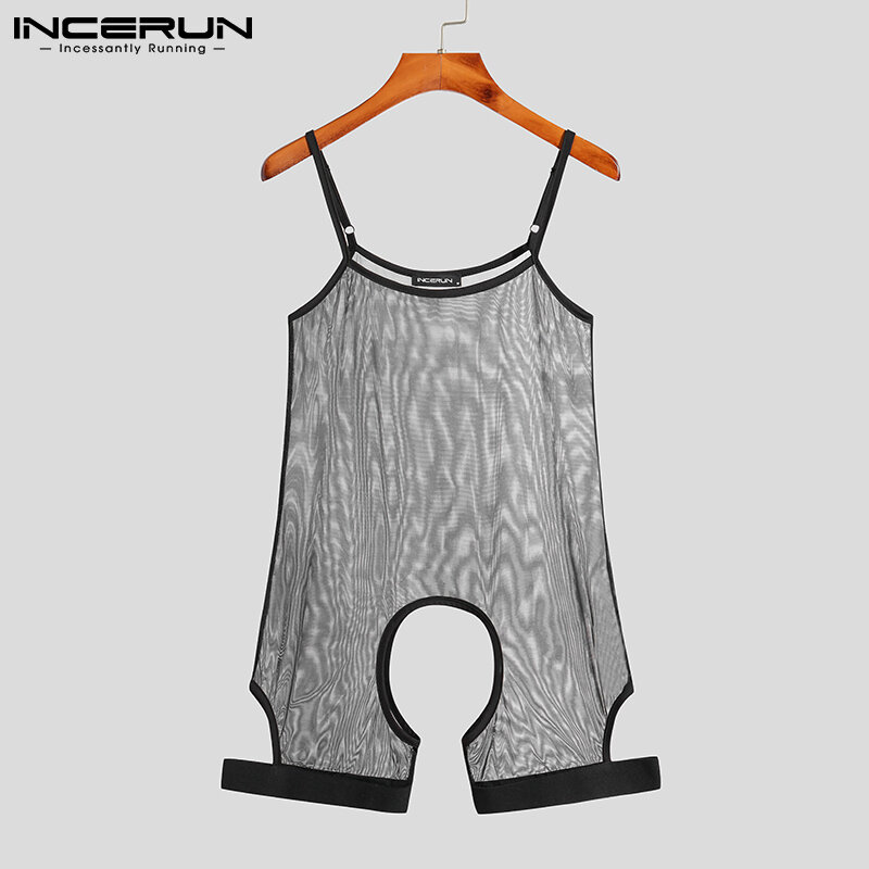 Men Pajamas Rompers Sleeveless Mesh See Through Homewear Suspender Playsuits Sexy Breathable Hollow Out Bodysuits S-5XL INCERUN