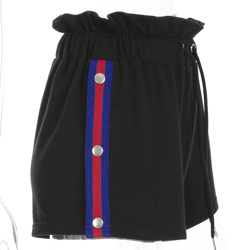 Женские шорты с разрезом, черные эластичные шорты с завышенной талией и боковыми пуговицами, лето 2021