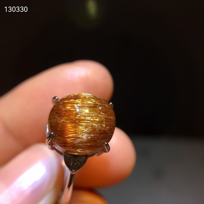 Cincin Dapat Disesuaikan Wanita Quartz Rutilated Tembaga Alami Asli 925 Perak 11.2/10.5Mm Manik-manik Bola Bulat Oval AAAAAA Asli