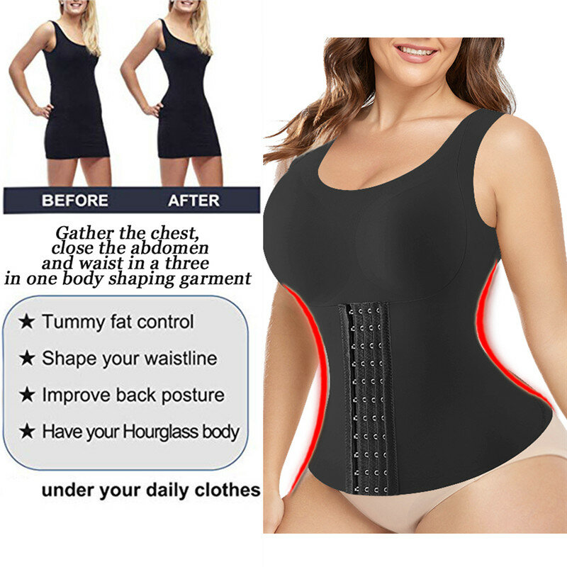 LAZAWG Women Slimming Tops Push Up Body Shaper Shapewear Hook Weight Loss Waist Trainer Workout Tank Top Sexy Belly Shaper Shirt