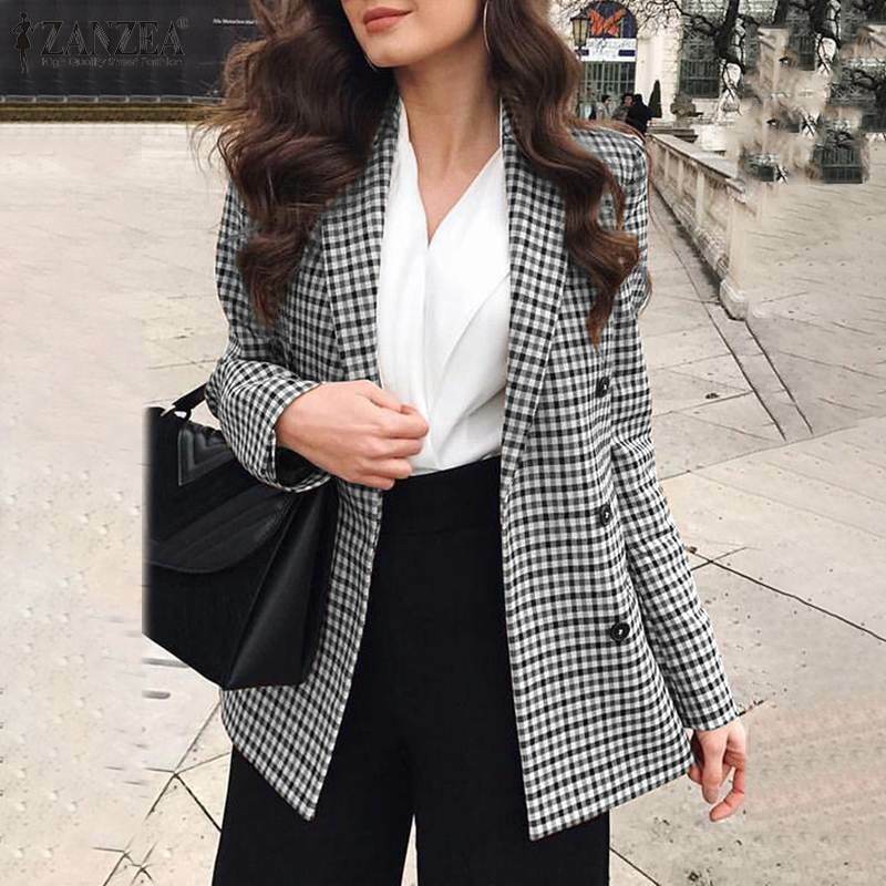 플러스 사이즈 ZANZEA 패션 여성용 블레이저 2021 봄 가을 빈티지 격자 무늬 긴 소매 Outwears Oversize Casual Office Lady Coats