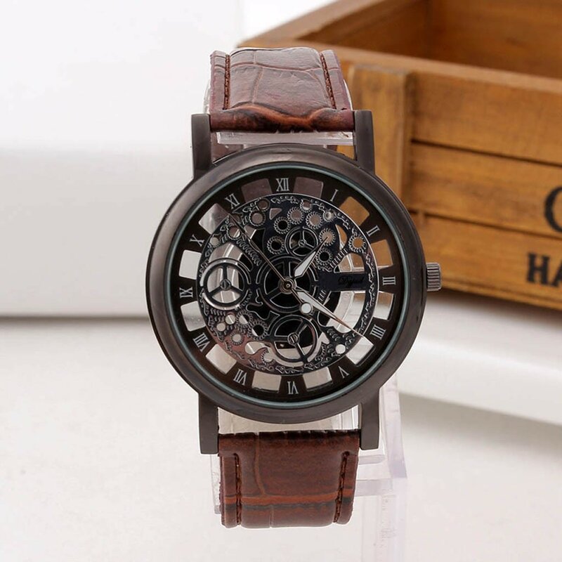 Relógio de quartzo masculino luxo aço inoxidável militar esporte couro banda dial relógio de pulso personalidade oco para fora design relógios reloj