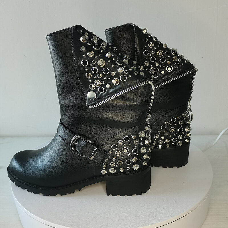 Botines de piel natural con remaches de Metal decorados para mujer, zapatos de talla grande de 22 a 27,9 cm, botas cortas y zapatos de terciopelo para invierno