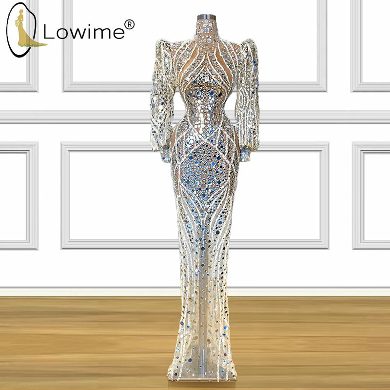 Dubai Sheer Luxus Perlen High Neck Abendkleider Meerjungfrau Muslim Langarm Bodenlangen Prom Party Kleider Formale Kleid