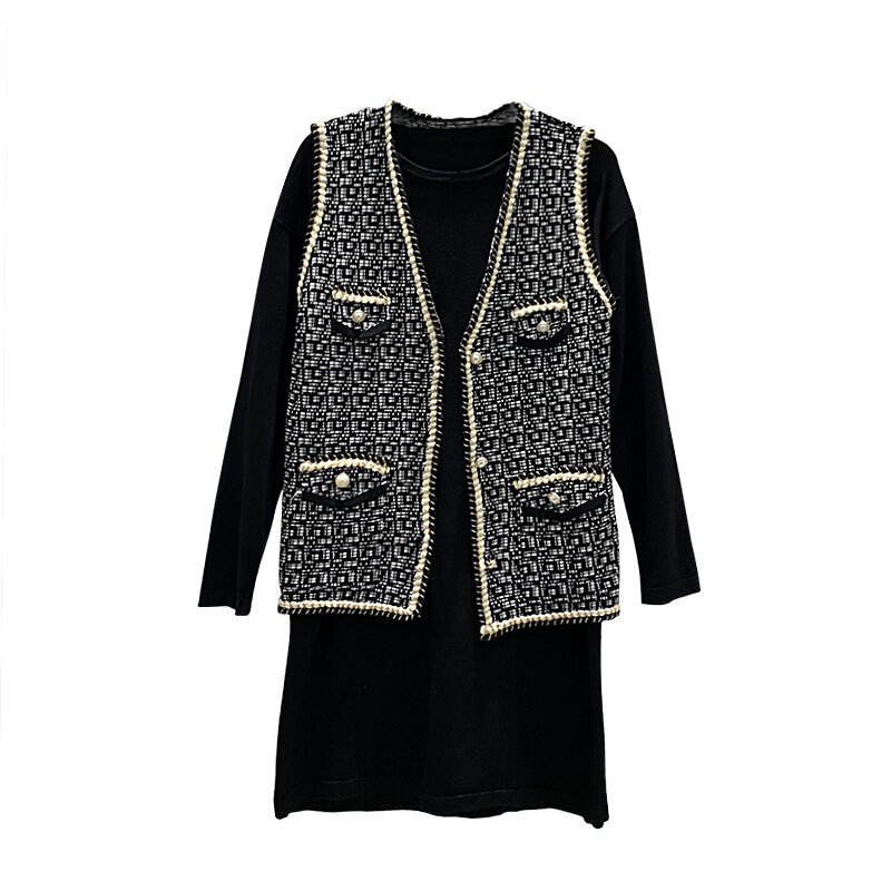 ジャケットと長袖のニットドレス,新しい秋冬コレクション,女性用,ツーピースの服,ウールのスカート,2021